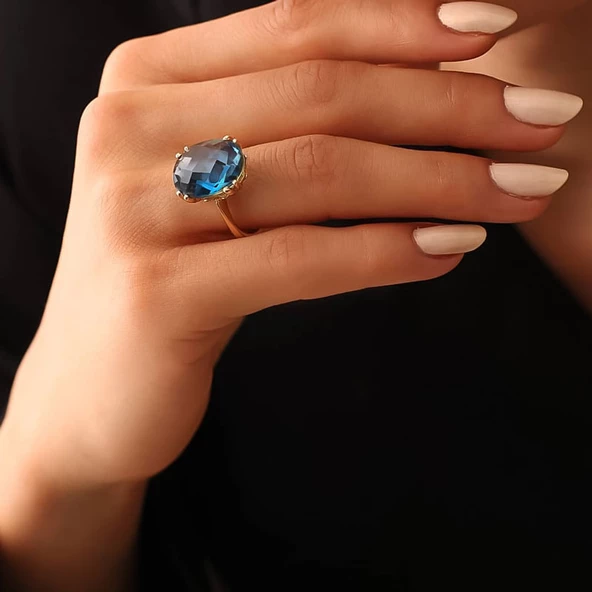 14k Altın London Blue Topaz Taşlı Yüzük ürün görseli 1