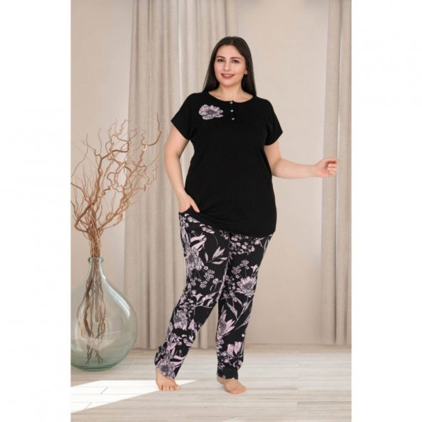 Koyu Pembe Renk Büyük Beden Pijama Takımı -   Lady 10764 Kısa Kol Battal  Pijama Takımı ürün görseli 1