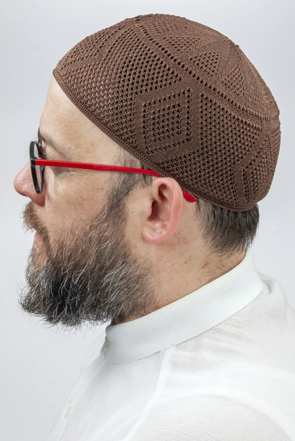 İlmek Dantel Örme Namaz Takkesi - Kahverengi - Resim 3