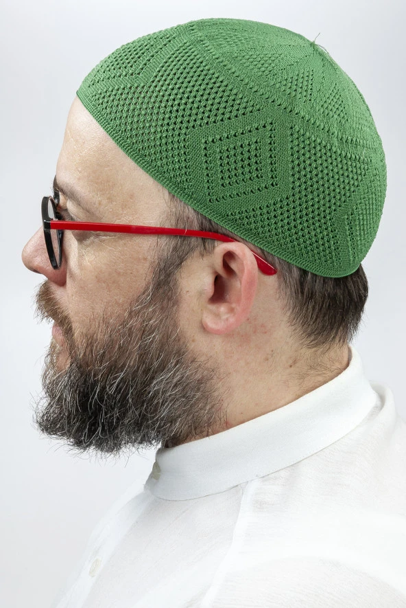 İlmek Dantel Örme Namaz Takkesi - Yeşil - Resim 3