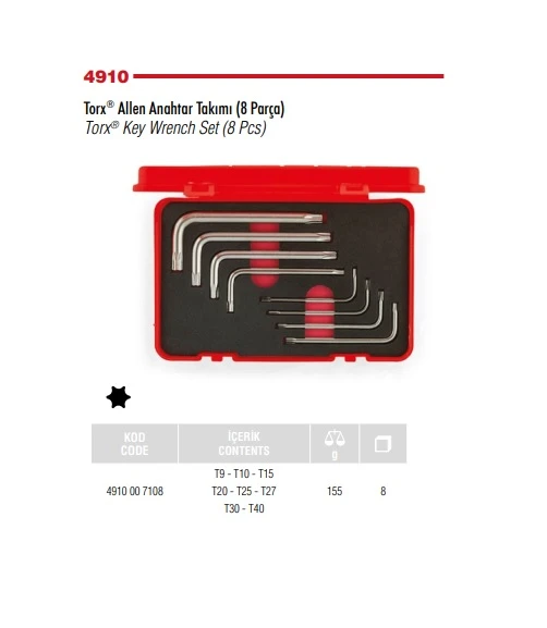 İZELTAŞ 8 PARÇA TORX ALLEN TAKIMI 4910 00 7108 ürün görseli 1