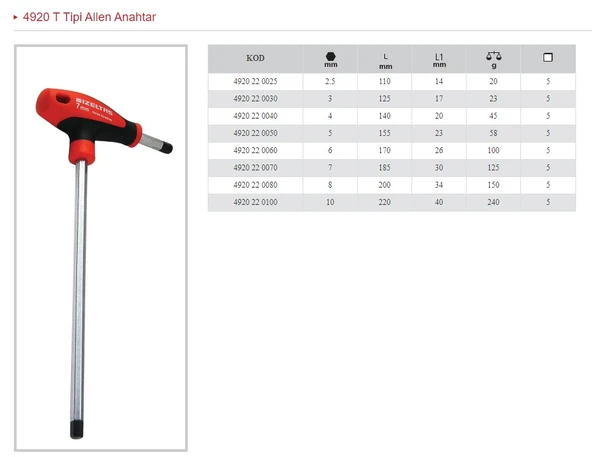 İZELTAŞ 4 T TİPİ ALLEN ANAHTAR 4920 22 0040 ürün görseli 1