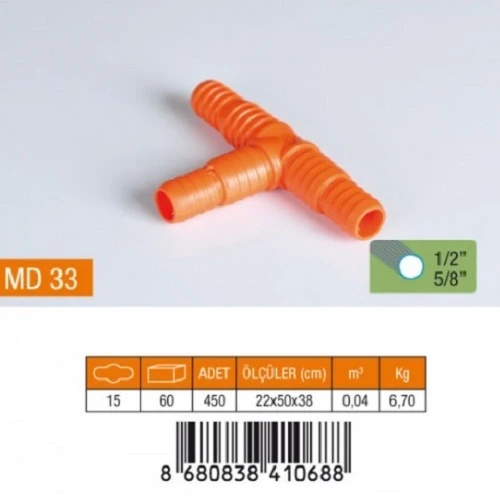 1/2"-5/8" T HORTUM EKİ PLASTİK TURUNCU MD33 ürün görseli 1