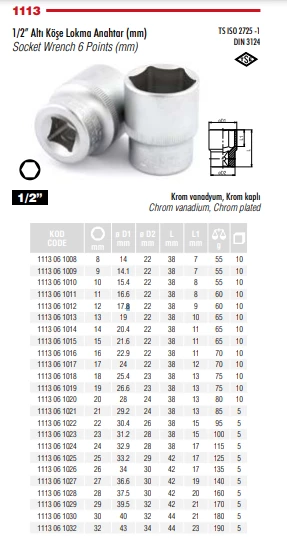 İZELTAŞ 28 MM 1/2 ALTI KÖŞELİ LOKMA ANAHTAR 1113 06 1028 ürün görseli 1