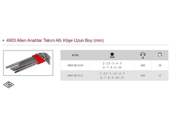 İZELTAŞ 12 Lİ UZUN ALLEN ANAHTAR TAKIMI 4903 00 3112 ürün görseli 1