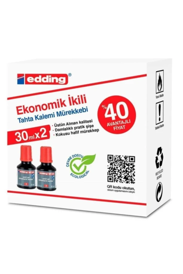 Edding Tahta Kalem Mürekkebi Damlalıklı 30 ML Kırmızı 2 Li Beyaz Tahta Kalem Mürekkebi ürün görseli 1