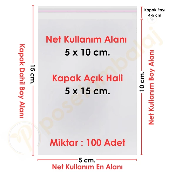 5x10+5 cm. (5x15) 100 Adet - Şeffaf Bantlı Yapışkanlı OPP Jelatin Poşet ürün görseli 1