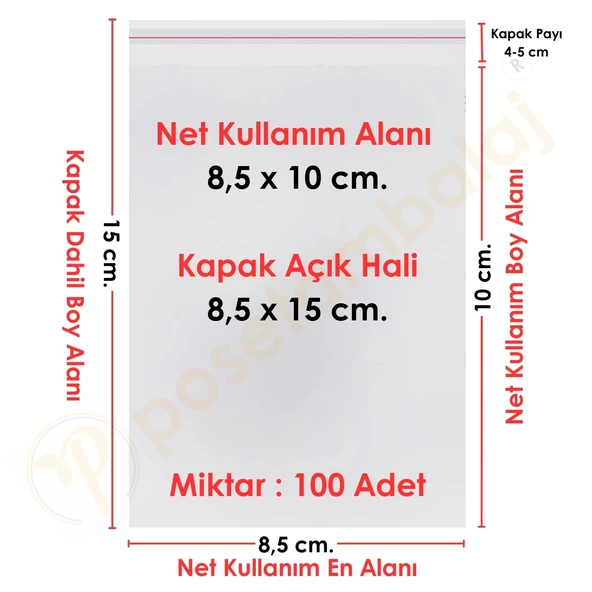 8,5x10+5 cm. (8,5x15) 100 Adet - Şeffaf Bantlı Yapışkanlı OPP Jelatin Poşet ürün görseli 1