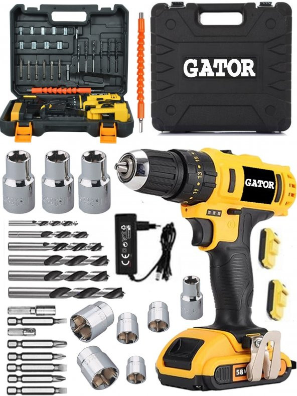 Gator 58 Watt Çift Akülü Şarjlı Vidalama Matkap 24 Parça Usta Seti Hediyeli ürün görseli 1