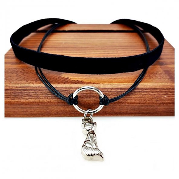 Siyah Renk Kadife Deri Round İkili Kedi Choker Kolye ürün görseli 1