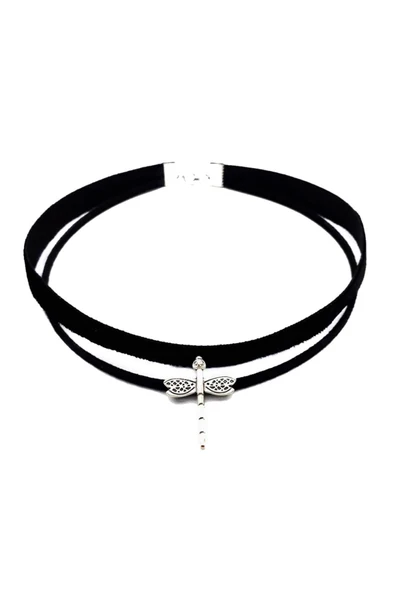 Gümüş Renk Yusufcuk Siyah Kadife -süet Kadın Choker Tasma Kolye ürün görseli 1