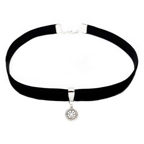 Siyah Renk Kadife Kadın Yonca Choker Kolye - Resim 3