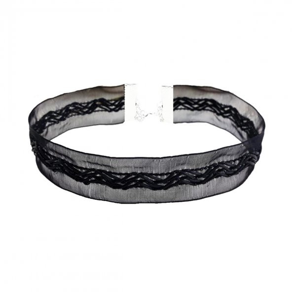 Siyah Renk Deri İşlemeli Kadın Choker Kolye - Resim 2