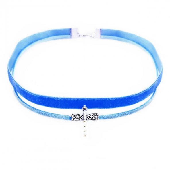 Mavi Kadife Kadın Yusufcuk Choker Kolye ürün görseli 1