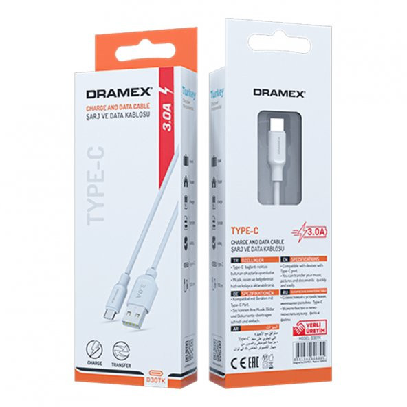 Dramex D30TK Type-C Data/Şarj Kablosu 3.0A 1mt Beyaz - Resim 5