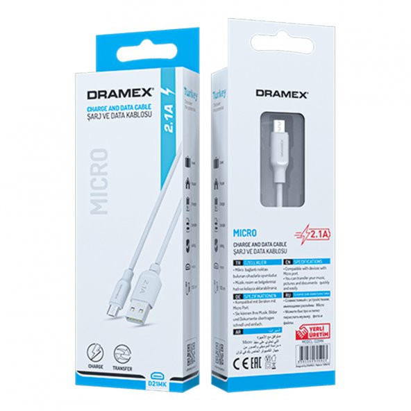 Dramex D21MK Micro USB Data/Şarj Kablosu 2.1A 1mt Beyaz - Resim 5
