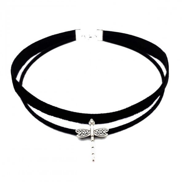 Gümüş Renk Yusufcuk Siyah Kadife -Süet Kadın Choker Tasma Kolye ürün görseli 1