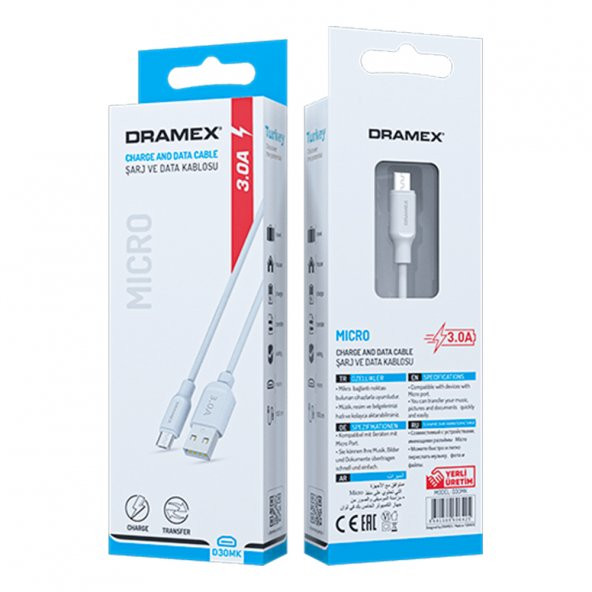 Dramex D30MK Micro USB Data/Şarj Kablosu 3.0A 1mt Beyaz - Resim 5