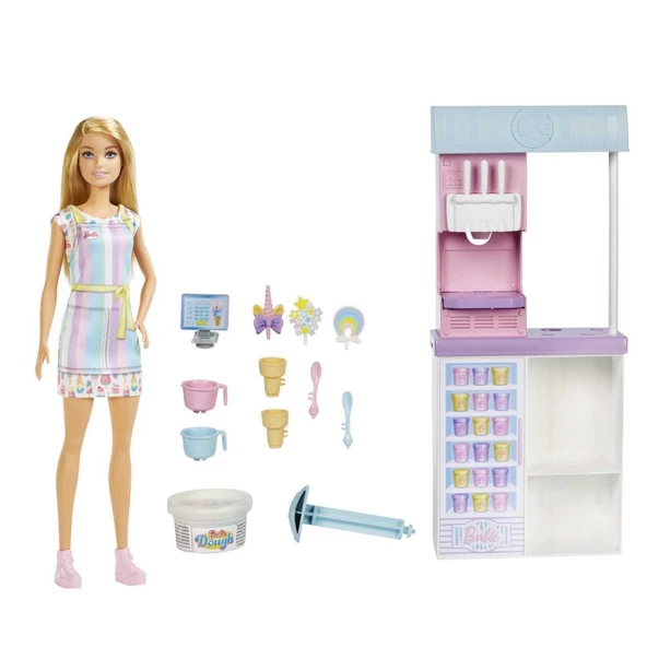 Barbie Dondurma Dükkanı Oyun Seti HCN46, 30 cm sarışın bebek, 2 kutu oyun hamuru, 2 kase, 2 külah, 3 dekoratif dondurma süsü, 2 kaşık ve kasa, 3 yaş ve üzeri ürün görseli 1