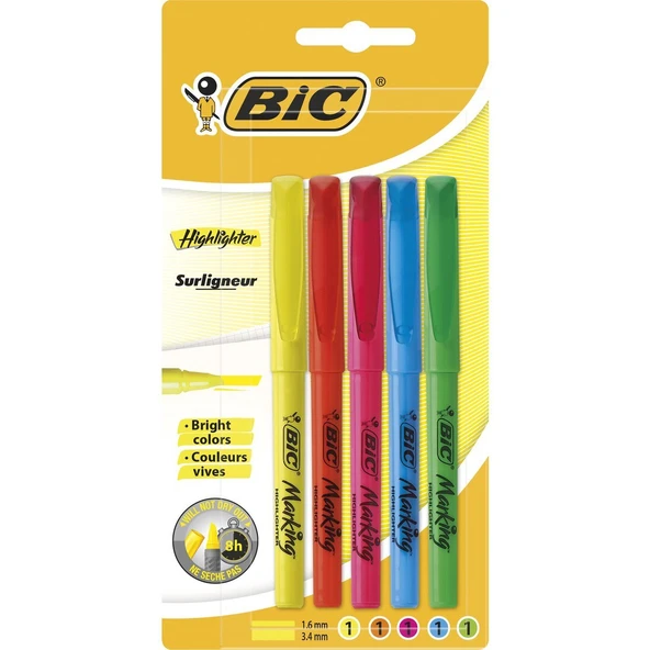 Bic Brite Liner Fosforlu Kalem 5’li Blister Karışık Renk ürün görseli 1