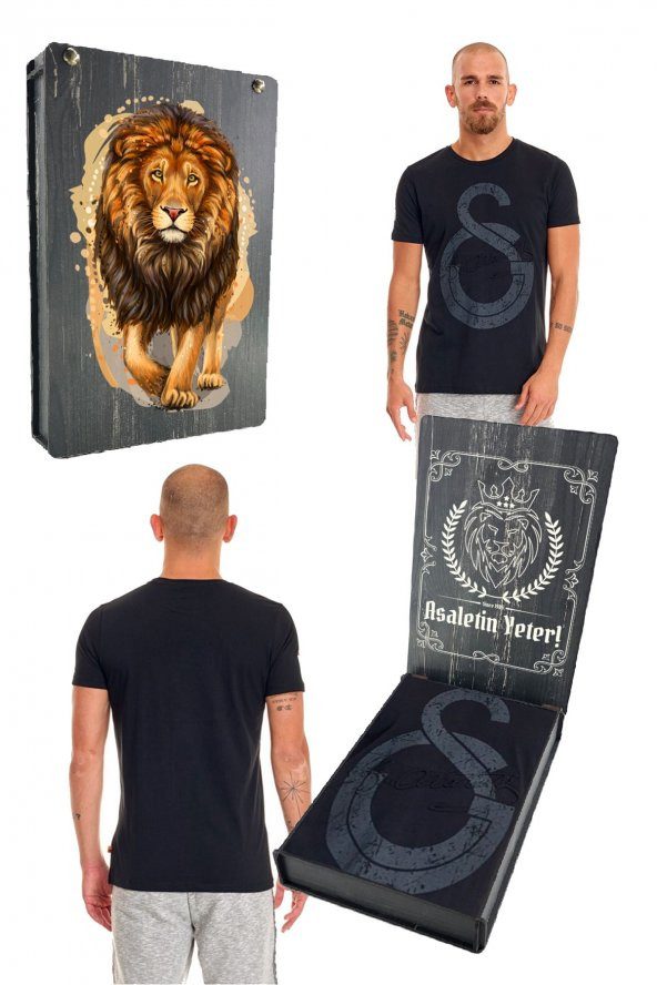 Galatasaray Orijinal Ata İmza T-Shirt Siyah Özel Tasarım Aslan Baskılı Ahşap Kutulu ürün görseli 1