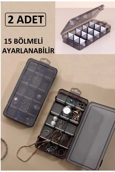 2'li Füme 15 Bölme Ayarlanabilir Düzenleyici Takı Kolye Boncuk Ilaç Küpe Yüzük Kutusu Organizer ürün görseli 1