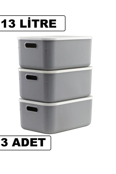 3 Adet Storage 13 Lt Gri Dolap Düzenleyici Kutu Çorap Kıyafet Kapaklı Ayakkabı Bot Saklama Kabı ürün görseli 1