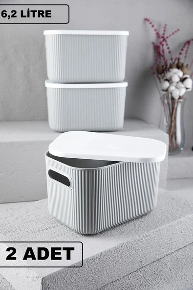 2 Adet Storage 6 Lt Gri Çok Amaçlı Dolap Içi Düzenleyici Kapaklı Saklama Kabı ürün görseli 1