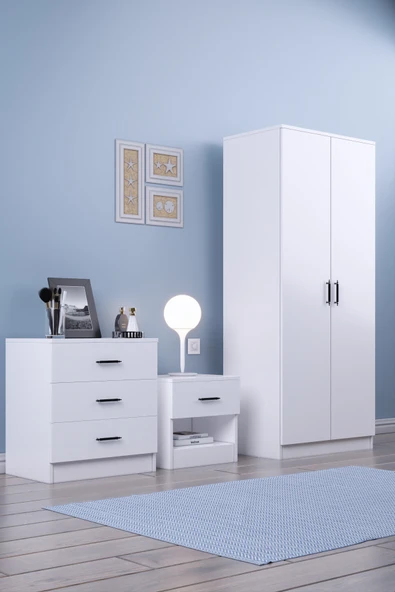ABETE MOBİLYA 2 Kapılı Geniş Gardırop Komodin 3 Çekmeceli Şifonyer Takım / Beyaz ürün görseli 1