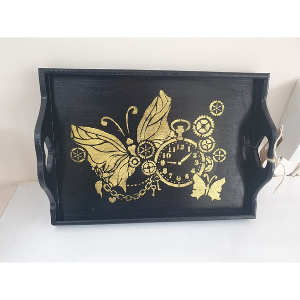 Siyah Gold Kelebek Stencil Baskılı Ahşap Tepsi ürün görseli 1