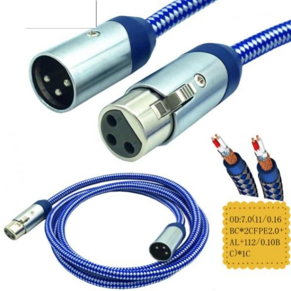 XLR Erkek - Dişi Balanslı Kaliteli Örgülü Kablo - 3 Metre ürün görseli 1