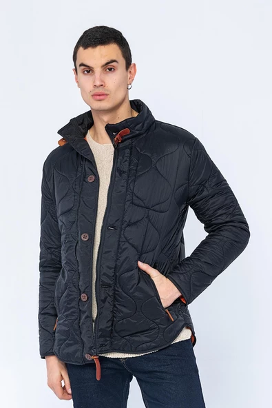 Erkek Slim Fit Dik Yaka Fermuarlı Düğmeli Cepli Kalın Kapitone Şişme Mont - Resim 9