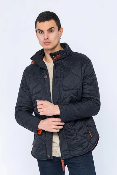 Erkek Slim Fit Dik Yaka Fermuarlı Düğmeli Cepli Kalın Kapitone Şişme Mont - Resim 8