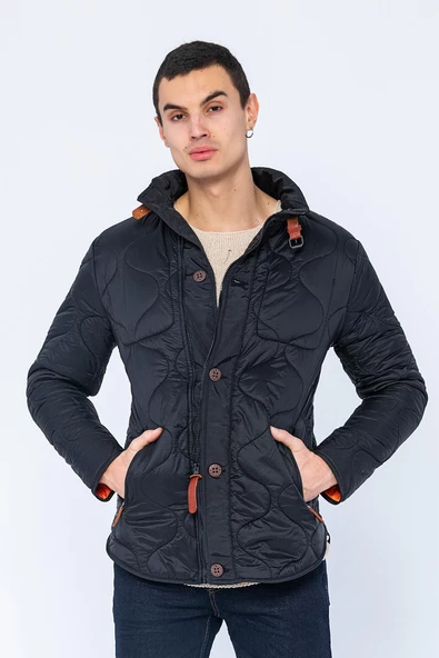 Erkek Slim Fit Dik Yaka Fermuarlı Düğmeli Cepli Kalın Kapitone Şişme Mont - Resim 5