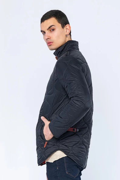 Erkek Slim Fit Dik Yaka Fermuarlı Düğmeli Cepli Kalın Kapitone Şişme Mont - Resim 3