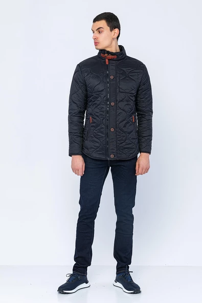 Erkek Slim Fit Dik Yaka Fermuarlı Düğmeli Cepli Kalın Kapitone Şişme Mont - Resim 11