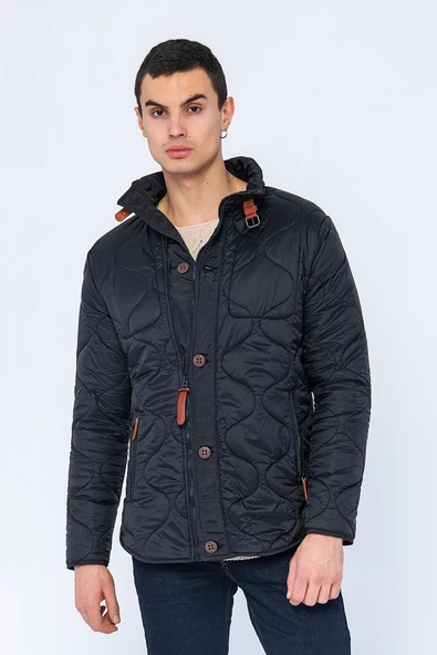 Erkek Slim Fit Dik Yaka Fermuarlı Düğmeli Cepli Kalın Kapitone Şişme Mont - Resim 2
