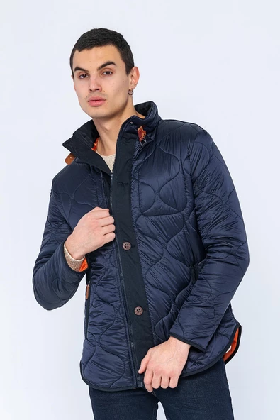 Erkek Slim Fit Dik Yaka Fermuarlı Düğmeli Cepli Kalın Kapitone Şişme Mont - Resim 12