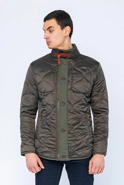 Erkek Slim Fit Dik Yaka Fermuarlı Düğmeli Cepli Kalın Kapitone Şişme Mont ürün görseli 1
