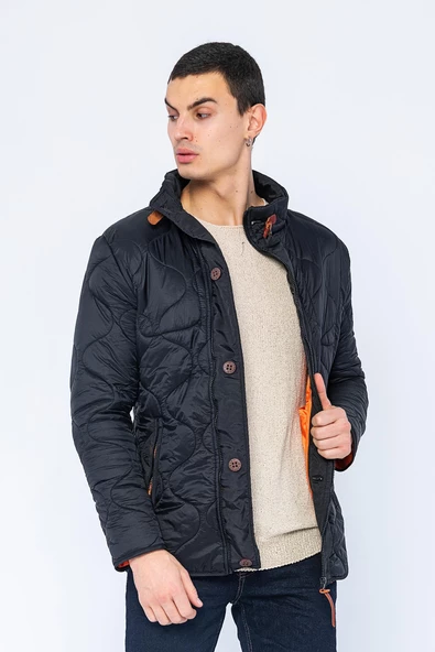 Erkek Slim Fit Dik Yaka Fermuarlı Düğmeli Cepli Kalın Kapitone Şişme Mont - Resim 6