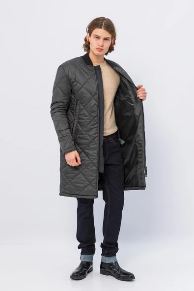 Erkek Regular Fit Kışlık Çok Cepli Çift Yön Fermuarlı Bomber Yaka Uzun Kapitone Şişme Mont ürün görseli 1