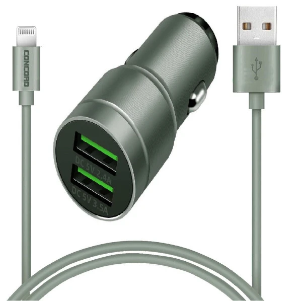 Concord C-773 Lightning Kablo ve Metal Başlık Hızlı Araç Şarj Seti 2.4 + 3.5A 23W ürün görseli 1