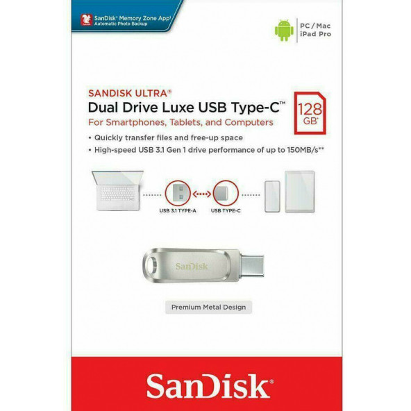 SanDisk Ultra Dual Drive Luxe 128GB Type-C USB 3.1 Flash Bellek SDDDC4-128G-G46 ürün görseli 1
