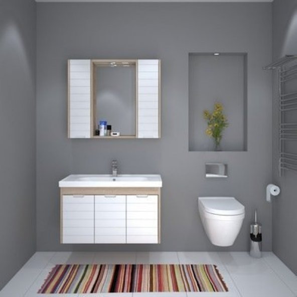 DENKO Mostar 90 cm Beyaz MDF Lake Banyo Dolabı Takımı ürün görseli 1