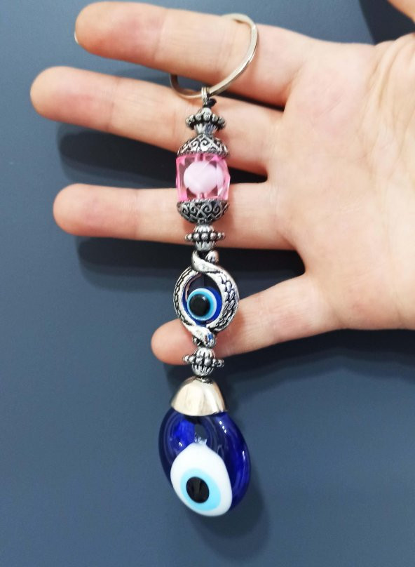 Nazar Boncuklu Pembe Kristal Taşlı Anahtarlık ürün görseli 1