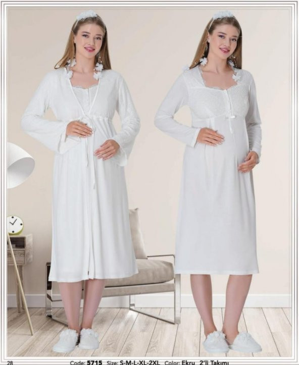 Mecit Pijama 5715 Ecru Hamile Lohusa Gecelik Sabahlık Tk ürün görseli 1