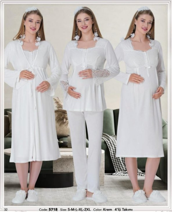 Mecit Pijama 5718 Ecru Sabahlıklı 4 Lü Hamile Lohusa Pijama Gecelik Tk ürün görseli 1