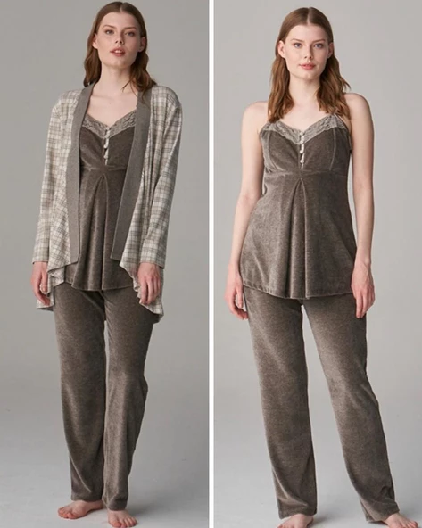 Feyza Pijama 4623 Antrasit Elan  3Lü Hamile Lohusa Pijama Sabahlık Tk ürün görseli 1