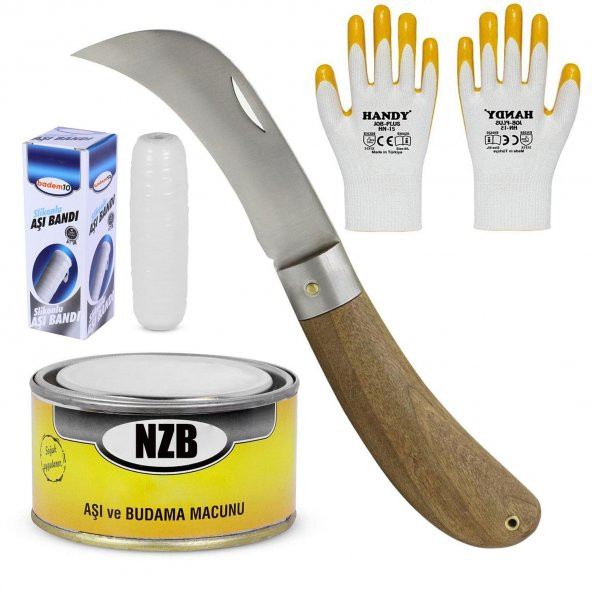 Aşı Bıçağı Eğri Uçlu Bağ Bıçağı Ara Çakı + Aşı Bandı + Aşı Macunu + Eldiven (4'LÜ SET) ürün görseli 1