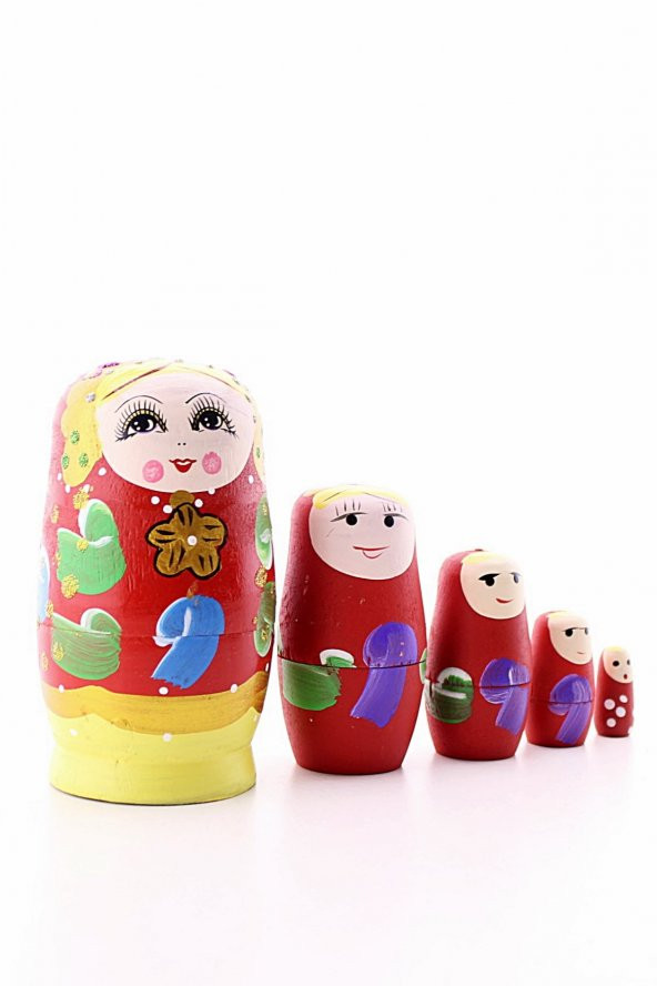 Ahşap Tombul İç İçe Matruşka Bebek Kırmızı Set 5li Büyük Boy ürün görseli 1